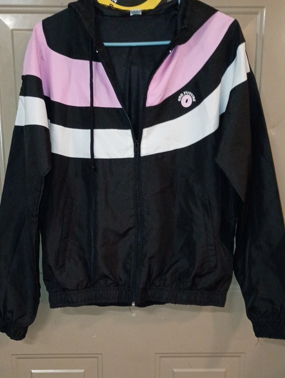 Women’s Black and Pink Hooded Bomber Jacket with Chevron Stripe